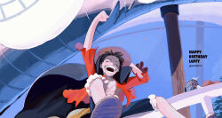  1boy arm_up birthday black_coat black_hair boned_meat character_name closed_eyes coat coat_on_shoulders commentary_request cup food fur-trimmed_shorts fur_trim going_merry happy_birthday hat highres male_focus meat monkey_d._luffy ntsmst one_piece open_clothes open_mouth open_shirt outdoors pirate_ship raised_fist red_shirt sandals scar scar_on_cheek scar_on_face shirt short_hair shorts solo straw_hat twitter_username 