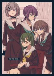  4girls aqua_neckerchief ayu_(ayu_illustrate) black_choker black_gloves brown_dress brown_hair choker closed_mouth collarbone colored_inner_hair commentary_request cover cover_page doujin_cover dress expressionless feet_out_of_frame frown fujishima_megumi gloves green_eyes green_hair grey_hair grin hair_ornament hairclip half_gloves hasu_no_daisankaku hasu_no_sora_school_uniform highres indoors long_hair long_sleeves love_live! love_live!_hasu_no_sora_jogakuin_school_idol_club low_ponytail monochrome_background multicolored_hair multiple_girls neckerchief o-ring o-ring_choker ogami_sachi orange_eyes otomune_kozue parallel_hairclips pink_eyes ponytail purple_hair red_hair sailor_collar sailor_dress school_uniform short_hair sitting smile standing star_(symbol) star_hair_ornament two_side_up violet_eyes virtual_youtuber white_sailor_collar window winter_uniform yellow_neckerchief yugiri_tsuzuri 