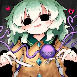  1girl black_eyes blush buttons collared_shirt commentary diamond_button disembodied_linked_eye empty_eyes eyeball fork frilled_shirt_collar frilled_sleeves frills green_hair hair_between_eyes heart heart_of_string heripantomorrow holding holding_fork holding_knife knife komeiji_koishi long_hair long_sleeves looking_at_viewer missing_headwear open_mouth shirt smile solo touhou untranslatable_commentary upper_body wide_sleeves yellow_shirt 