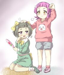  2girls aged_down child commentary_request crying green_shirt green_shoes green_shorts grey_hair grey_shorts highres holding holding_mirror kneeling love_live! love_live!_nijigasaki_high_school_idol_club mirror multiple_girls nakasu_kasumi neko_hanabi pink_hair pink_shirt red_eyes red_socks ribbon shirt shoes short_hair shorts socks tennoji_rina white_socks yellow_eyes yellow_ribbon 