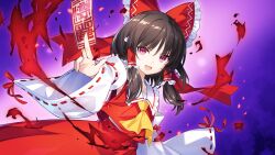  1girl absurdres ascot between_fingers bow brown_hair detached_sleeves frilled_bow frilled_hair_tubes frills game_asset hair_bow hair_tubes hakurei_reimu highres hirano_katsuyuki holding holding_ofuda long_hair looking_at_viewer non-web_source official_art ofuda ofuda_between_fingers open_mouth purple_background red_bow red_eyes red_skirt ribbon-trimmed_sleeves ribbon_trim self-datamine skirt skirt_set smile solo touhou touhou_spell_carnival yellow_ascot 