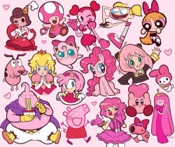  3boys 6+girls ace_attorney adventure_time anya_(spy_x_family) baroness_von_bon_bon birdo blonde_hair blossom_(ppg) blush bow chopsticks clown color_connection colored_skin commentary courage_(character) courage_the_cowardly_dog crown cuphead_(game) dee_dee dexter's_laboratory dog domestic_maid dragon_ball east-west_crossover eating english_commentary everyone flower food geiru_toneido green_eyes hair_bow heart holding holding_chopsticks ice_cream_cone jigglypuff kirby kirby_(series) majin_buu multiple_boys multiple_girls my_little_pony my_little_pony:_friendship_is_magic my_melody noodles official_style peppa_pig peppa_pig_(series) pig pink_background pink_fur pink_hair pink_skin pink_theme pinkie_pie powerpuff_girls princess princess_bonnibel_bubblegum princess_peach rabbit ramen red_bow short_twintails spinel_(original_form)_(steven_universe) steven_universe super_mario_bros. toadette twintails yellow_eyes 