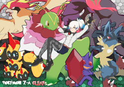  1girl belt black_gloves black_shorts closed_mouth commentary_request dragalge falinks full_body gloves highres koya10305 looking_at_viewer lucario mega_dragalge mega_falinks mega_lucario mega_meganium mega_pidgeot mega_ring mega_sableye meganium pidgeot pokemon pokemon_(creature) pokemon_legends:_z-a ponytail red_belt red_eyes sableye shirt shorts watermark white_hair white_shirt 
