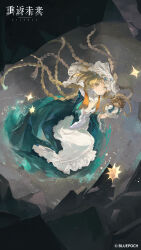  1girl absurdres braid brown_eyes brown_hair copyright_name copyright_notice dress everecho_(reverse:1999) floating_hair full_body green_dress hand_on_own_chest hand_puppet hands_up heterochromia highres light_particles logo long_dress long_hair looking_at_viewer multiple_braids official_art official_wallpaper orange_vest puppet reverse:1999 rubble solo sparkle veil vest white_veil 