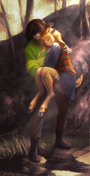  1girl 1other antlers aswn00 black_boots blonde_hair blue_skirt boots brown_hair brown_pants carrying checkered_sweater_vest closed_eyes day deer_antlers deer_girl deltarune fine_art_parody forest full_body furry furry_female green_sweater hair_over_eyes highres hooves horns kris_(deltarune) long_hair miniskirt nature noelle_holiday outdoors pants parody princess_carry short_hair single_stripe skirt standing sweater utdr_(toby_fox) 
