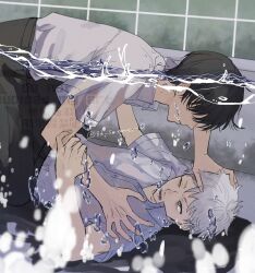  2boys 8d_summer air_bubble bathtub black_hair black_pants bubble collared_shirt commentary_request covered_eyes grey_eyes hand_on_another's_arm hand_on_another's_head hand_on_another's_shoulder highres hikaru_ga_shinda_natsu indou_hikaru looking_to_the_side lying male_focus multiple_boys on_back one_eye_closed pants shirt shirt_tucked_in short_hair short_sleeves sideways_glance tile_wall tiles tsujinaka_yoshiki underwater water watermark white_hair white_shirt wing_collar 