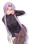  1girl black_legwear breasts fate/stay_night fate_(series) female glasses kumoi_takashi large_breasts long_hair looking_at_viewer panties panties_under_pantyhose pantyhose purple_hair purple_panties ribbed_sweater rider simple_background solo sweater thighband_pantyhose turtleneck underwear very_long_hair white_background 