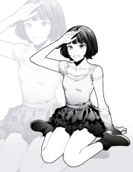  1girl arm_warmers bob_cut commentary greyscale highres layered_skirt looking_at_viewer mikami_kaho monochrome oru_2ji shoes short_hair short_sleeves simple_background single_arm_warmer sitting skirt smile solo wariza white_background world_trigger zoom_layer 