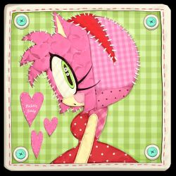  1girl :o amy_rose button_eyes buttons dress embroidered_dress embroidery english_text fabric furry furry_female green_background green_eyes heart hedgehog_girl highres kosherea looking_at_viewer multicolored_buttons paper_texture patchwork_clothes patchwork_skin polka_dot polka_dot_dress polka_dot_hair red_dress sonic_(series) stitches 