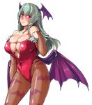  1girl adjusting_clothes alternate_color aqua_eyes bangs bare_shoulders bat_print bat_wings blush breasts bridal_gauntlets brown_legwear bursting_breasts cleavage colored_eyelashes cosplay covered_navel cowboy_shot demon_girl elbow_gloves feathers female from_side gloves grey_hair groin hair_between_eyes head_wings highleg highleg_leotard hip_vent large_breasts leotard light_smile lipstick long_hair looking_at_viewer low_wings makeup morrigan_aensland morrigan_aensland_(cosplay) older pantyhose print_legwear red_eyes rozen_maiden shiny shiny_clothes shiny_skin simple_background skindentation smile solo strapless strapless_leotard succubus suigintou thighs tsuda_nanafushi underboob_cutout vampire_(game) white_background wings 