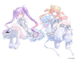  2girls :d belt blonde_hair boots breasts center-flap_bangs closed_mouth collar colored_inner_hair commentary_request criss-cross_halter demon_girl demon_tail detached_sleeves double-parted_bangs double_bun ear_piercing earrings full_body gradient_hair green_eyes hair_bun hair_ornament halterneck hand_up highres hololive iridescent jacket jewelry knee_boots knees_up lace-up_boots leg_warmers long_hair looking_at_viewer medium_breasts miniskirt momosuzu_nene multicolored_hair multiple_girls navel_piercing off_shoulder official_art onineko open_mouth piercing pink_hair pointy_ears purple_hair shoes short_sleeves shorts shorts_under_skirt showgirl_skirt shrug_(clothing) side_up_bun simple_background sitting skirt smile spiked_ear_piercing star_(symbol) star_earrings star_hair_ornament strapless tail tail_ornament tail_piercing thigh_strap tokoyami_towa tube_top twintails two_side_up virtual_youtuber white_background white_collar white_jacket white_leg_warmers white_shoes white_shorts white_shrug white_skirt white_tube_top 