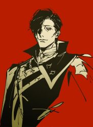  1boy ascot cape closed_mouth collared_cape commentary d4ggerfish english_commentary fire_emblem fire_emblem:_three_houses hair_over_one_eye highres hubert_von_vestra hubert_von_vestra_(timeskip) looking_to_the_side male_focus one_eye_covered parted_hair popped_collar red_background short_hair sideways_glance simple_background smile solo unfinished very_short_hair 