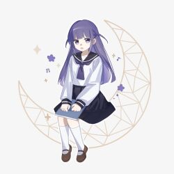  1girl :o beamed_sixteenth_notes black_sailor_collar black_skirt blunt_bangs book book_on_lap brown_shoes clenched_hands commentary crescent_moon dot_nose flower_symbol full_body hand_rest highres kneehighs knees_together_feet_apart long_hair long_sleeves looking_at_viewer mary_janes medium_skirt moon musical_note necktie on_crescent open_mouth purple_hair purple_necktie sailor_collar sailor_shirt school_uniform serafuku shirt shirt_tucked_in shoes shoujo_kageki_revue_starlight simple_background sitting skirt socks solo sparkle summer050429 tsuyuzaki_mahiru two_side_up violet_eyes white_background white_shirt white_socks 