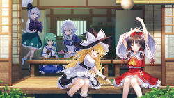  5girls apron ascot back_bow black_hairband black_hat black_skirt black_vest blonde_hair blue_dress blue_eyes blue_skirt bow braid brown_hair closed_eyes closed_mouth collared_shirt dango detached_sleeves dress food frilled_bow frilled_hair_tubes frilled_skirt frills frog_hair_ornament green_bow green_eyes green_hair green_ribbon green_skirt green_vest grey_hair hair_bow hair_ornament hair_tubes hairband hakurei_reimu hat hat_bow highres hirano_katsuyuki hitodama holding holding_skewer izayoi_sakuya juliet_sleeves kirisame_marisa kochiya_sanae konpaku_youmu konpaku_youmu_(ghost) long_hair long_sleeves maid maid_headdress multiple_girls neck_ribbon non-web_source official_art open_mouth playable_command_(touhou) puffy_short_sleeves puffy_sleeves red_bow red_skirt ribbon ribbon-trimmed_sleeves ribbon_trim sanshoku_dango shirt short_sleeves shouji side_braid single_braid single_hair_tube sitting skewer skirt skirt_set sleeveless sleeveless_shirt sliding_doors smile snake_hair_ornament socks stretching table touhou touhou_spell_carnival twin_braids very_long_hair vest wagashi waist_apron white_apron white_bow white_shirt white_socks witch_hat wrapped_bento yellow_ascot yellow_eyes 