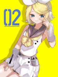  1girl arm_warmers bare_shoulders blonde_hair blue_eyes bow commentary_request detached_sleeves eyelashes fortissimo grey_leg_warmers grey_sailor_collar grey_sleeves hair_bow headphones highres kagamine_rin kagamine_rin_(vocaloid4) leg_warmers looking_at_viewer neckerchief necktie piano_print sailor_collar see-through_clothes see-through_sleeves shirt short_hair shorts sleeveless sleeveless_shirt smile swept_bangs tadesu_(tads-90) treble_clef v v4x v_over_eye vocaloid white_bow white_shirt white_shorts yellow_background yellow_neckerchief yellow_necktie yellow_trim 