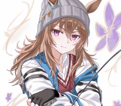  1girl animal_ears beanie black_gloves blue_coat brown_hair coat collared_shirt ears_through_headwear fingerless_gloves flower gloves grey_hat hair_between_eyes hat highres horse_ears horse_girl jacket long_hair long_sleeves looking_at_viewer mumumu_o08 nakayama_festa_(shichuukyuukatsu)_(umamusume) nakayama_festa_(umamusume) prototype_design red_sweater_vest shirt sweater_vest umamusume upper_body violet_eyes white_shirt 