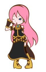 1girl arm_up arm_warmers armband belt black_armband black_belt black_boots black_headphones black_shirt black_thighhighs blue_eyes blue_gemstone chest_jewel commentary_request detached_sleeves full_body hair_between_eyes hand_on_own_head headphones headset high_heel_boots high_heels highres jewelry karasuuri1230 knee_boots lace-up_boots long_hair long_skirt looking_to_the_side loose_belt megurine_luka one_eye_closed open_mouth pearl_(gemstone) pigeon-toed pink_hair pop'n_music pop'n_music_(style) shirt side_slit simple_background single_arm_warmer single_detached_sleeve skirt sleeveless sleeveless_shirt standing style_parody tachi-e thighhighs toon_(style) two-tone_armband two-tone_belt two-tone_boots two-tone_shirt two-tone_thighhighs untucked_shirt v-shaped_eyebrows vocaloid white_background yellow_armband yellow_belt yellow_boots yellow_headphones yellow_shirt yellow_thighhighs yellow_trim zettai_ryouiki