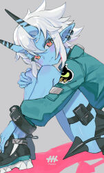  1girl artist_logo artist_name black_shoes black_skirt blue_skin blush closed_mouth colored_skin commentary cropped demon_tail earrings from_side green_jacket grey_background highres horns hugging_own_legs jacket jewelry knees_up logo looking_at_viewer multicolored_horns naname_(7name) oni pointy_ears pouch red_eyes shoes short_eyebrows short_hair simple_background sitting skindentation skirt solo soukaku_(zenless_zone_zero) tail thigh_pouch thigh_strap turning_head two-tone_horns white_hair zenless_zone_zero 