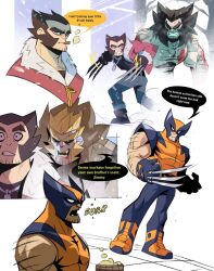  2boys arm_hair beard blonde_hair bodysuit brown_hair cigar claw_(weapon) facial_hair highres jacket kevin_shah long_hair male_focus marvel multicolored_bodysuit multiple_boys muscular muscular_male sabertooth_(x-men) scar scars_all_over smoking spiky_hair superhero_costume two-tone_bodysuit weapon wolverine_(x-men) x-men 