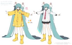  1girl absurdres adapted_hairstyle alternate_costume aqua_eyes aqua_hair black_skirt boots cardiogram_print cloud_hair_ornament coat collared_shirt commentary_request double-parted_bangs hair_between_eyes hair_ornament hatsune_miku highres long_hair multiple_views necktie outstretched_arms pleated_skirt puddle rain rainbow rainbow_hair_ornament raincoat red_necktie reference_sheet rubber_boots shirt simple_background sin_090 skirt sun_symbol twintails umbrella very_long_hair vocaloid water_drop white_background white_shirt yellow_boots yellow_coat 