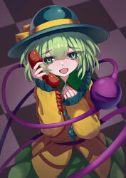  1girl 3air3 absurdres blush bow buttons checkered_floor collared_shirt commentary_request diamond_button disembodied_linked_eye eyeball frilled_shirt_collar frilled_sleeves frills green_eyes green_hair green_hat green_skirt hair_between_eyes hat hat_bow highres holding holding_phone komeiji_koishi long_sleeves looking_at_viewer medium_hair open_mouth phone shirt skirt smile solo touhou wide_sleeves yellow_bow yellow_shirt 