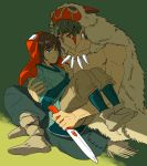  1boy 1girl 90s animal_pelt ashitaka brown_hair facial_mark genderswap genderswap_(ftm) genderswap_(mtf) indian_style knife looking_at_another mononoke_hime muscle san shirtless short_hair sitting sitting_on_lap sitting_on_person smile 