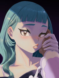  2girls blush brown_eyes cheek_press collarbone commentary_request dark-skinned_female dark_skin eyelashes female_pov green_hair hand_up highres jacinthe_(pokemon) lebanne_(pokemon) long_hair long_sleeves looking_at_viewer multiple_girls pokemon pokemon_legends:_z-a pov rikimaru_(rek1maru) shadow solo_focus teeth upper_body yuri 