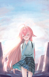  1girl :d ^_^ absurdres ahoge arms_behind_back backlighting black_skirt blue_archive blue_necktie blue_sky blush canon_event chest_harness closed_eyes clouds collared_shirt commentary_request cowboy_shot day dress_shirt facing_viewer fang floating_hair hair_between_eyes halo harness highres hoshino_(blue_archive) long_hair long_sleeves necktie open_mouth outdoors partial_commentary pink_hair pink_halo plaid_clothes plaid_skirt pleated_skirt ring_of_light_(blue_archive) school_uniform shinonome_(jugg7238) shirt skin_fang skirt sky smile solo straight_hair very_long_hair white_shirt 