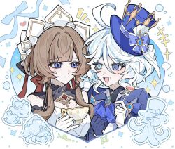  +++ 2girls ahoge ascot asymmetrical_gloves black_bow black_gloves black_shirt black_sleeves blue_ascot blue_background blue_bow blue_eyes blue_gem blue_hair blue_hat blue_pupils blue_ribbon blunt_bangs border bow breasts brown_hair cake cake_slice choro-nakini clenched_hand closed_mouth creature cup detached_collar detached_sleeves dress drill_hair drill_sidelocks drop-shaped_pupils english_commentary eyelashes food food_on_face fork furina_(genshin_impact) gem genshin_impact gentilhomme_usher gloves hair_between_eyes hair_bow hand_up hands_up hat hat_bow hat_ornament heart heterochromia holding holding_cup holding_fork huge_ahoge jewelry long_hair_between_eyes long_sleeves looking_at_another mademoiselle_crabaletta medium_breasts mismatched_gloves mismatched_pupils multicolored_hair multiple_girls open_mouth outside_border pendant red_gem ribbon sandrone_(genshin_impact) shirt short_hair short_hair_with_long_locks sidelocks smile sparkle star_(symbol) strapless strapless_dress surintendante_chevalmarin symbol-shaped_pupils teacup tongue top_hat two-tone_hair upper_body violet_eyes white_border white_dress white_gloves white_hair white_headdress wide_sleeves 