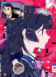  2girls abstract_background absurdres black_hair black_jacket bow bowtie braid character_name closed_mouth commentary cursor from_side glitch gun gun_to_own_head hair_ornament hairclip half_up_braid handgun heart helmet highres holding holding_gun holding_weapon jacket kiastimiu lapels long_hair looking_ahead multiple_girls multiple_hairclips nazono_mito nijisanji pink_bow pink_bowtie plaid_clothes plaid_lapels portrait profile red_background smile space_helmet star_(symbol) tsukino_mito tsukino_mito_(1st_costume) untranslatable_commentary violet_eyes virtual_youtuber weapon window_(computing) 
