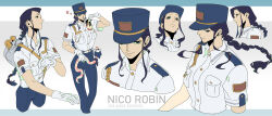  2girls absurdres belt blue_eyes boa_hancock braid braided_ponytail carrying carrying_person collared_shirt commentary extra_arms hebi_utage highres mini_person multiple_girls multiple_views nico_robin one_piece one_piece_heroines salome_(one_piece) shirt shirt_tucked_in short_sleeves snake 