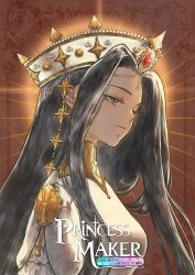  1girl artist_request black_eyes black_hair circle crown dress expressionless gold_jewelry long_hair looking_to_the_side official_art portrait princess princess_maker:_children_of_revelation princess_maker_(series) solo upper_body white_dress 