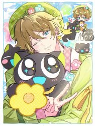 1boy absurdres aqua_eyes border brown_hair cat closed_eyes closed_mouth commentary ensemble_stars! flower green_hat hat heart highres ice_cream_cone kk2z long_sleeves looking_at_viewer male_focus official_alternate_costume one_eye_closed open_mouth pink_flower short_hair smile sparkle star_(symbol) takamine_midori untranslatable_commentary v white_border 