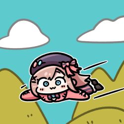  1girl :3 a_short_hike alternate_eye_color beret blue_eyes blue_gem blue_sky blush bow bowtie brown_hair brown_shoes cardigan chibi chibi_only closed_mouth clouds cloudy_sky commentary_request day flying gem hair_ornament hairclip hat hat_pin long_hair mountain nijisanji pink_bow pink_bowtie pink_cardigan pink_skirt pongari purple_bow purple_bowtie purple_hat purple_skirt shoes skirt sky smile solo striped_bow striped_clothes striped_skirt suzuhara_lulu suzuhara_lulu_(1st_costume) two-tone_bow two-tone_bowtie vertical-striped_clothes vertical-striped_skirt virtual_youtuber 