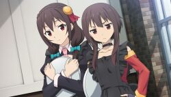  >:( 2girls apron black_apron black_choker black_dress black_gloves blue_bow bow braid brick_wall brown_hair choker cleavage_cutout closed_mouth clothing_cutout crown_braid dress fingerless_gloves frilled_apron frills frown game_asset gloves hair_bow hand_on_own_hip highres holding holding_tray indoors kono_subarashii_sekai_ni_shukufuku_wo! kono_subarashii_sekai_ni_shukufuku_wo!_kono_yokubukai_game_ni_shinpan_o! long_sleeves looking_at_viewer low_twintails megumin multiple_girls necktie non-web_source off-shoulder_dress off_shoulder official_art pink_necktie puffy_long_sleeves puffy_sleeves red_dress red_eyes self-datamine short_hair_with_long_locks standing tray twintails upper_body v-shaped_eyebrows window yunyun_(konosuba) 