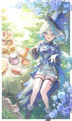  1girl ahoge asymmetrical_gloves black_gloves black_shoes blue_eyes blue_hair blue_hat blue_jacket cake cake_slice cat chair commentary_request corrupted_twitter_file drop-shaped_pupils floating_hair food fork furina_(genshin_impact) genshin_impact gloves grass hair_between_eyes hat hayun heterochromia highres holding holding_fork jacket long_hair long_sleeves looking_at_viewer mismatched_gloves multicolored_hair on_chair open_mouth outdoors shoes shorts sitting smile socks solo streaked_hair symbol-shaped_pupils teapot tiered_tray top_hat white_gloves white_hair white_shorts white_socks 