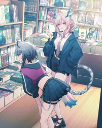  2girls alternate_costume animal_ears arknights arknights:_endfield belt belt_buckle bent_over black_belt black_hair black_hood black_jacket black_shoes black_shorts black_skirt black_sleeves blue_eyes blue_horns blue_necktie bookstore buckle chromatic_aberration collared_shirt commentary crop_top cropped_jacket diagonal-striped_clothes diagonal-striped_necktie english_commentary ev-oo grey_tail hand_in_pocket hand_up highres hood hood_down hooded_jacket horns indoors jacket lapels long_sleeves manga_(object) medium_hair mi_fu_(arknights) miniskirt mole mole_under_eye multiple_girls necktie no_socks open_mouth parted_lips pink_eyes pink_hair pink_necktie plaid_clothes plaid_skirt pleated_skirt pointy_ears purple_jacket shirt shoes shop shorts skirt smile striped_clothes striped_necktie studded_belt studs tail tail_raised tangtang_(arknights) thigh_strap two-tone_necktie white_shirt yellow_belt 