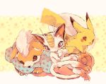  blush_stickers cat coin dog fang_out floral_background growlithe kanami_(pitagora0712) licking meowth mouse mouth_hold no_humans pikachu pokemon red_eyes stuffed_toy tongue tongue_out 