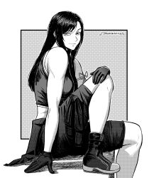  1girl apron arm_ribbon arm_support bare_shoulders black_gloves black_hair black_shorts black_vest border breasts closed_mouth commentary crop_top final_fantasy final_fantasy_vii final_fantasy_vii:_advent_children foot_out_of_frame from_side gloves greyscale highres knee_up long_hair looking_at_viewer medium_breasts monochrome outside_border ribbon seveninks shorts sitting smile solo tank_top tifa_lockhart twitter_username vest waist_apron white_border white_tank_top 