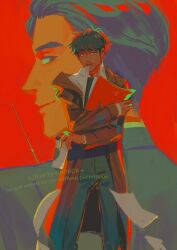  2boys ayabe_kazuya black_hair black_jacket closed_mouth collared_shirt cup disposable_coffee_cup disposable_cup facial_hair formal_clothes ice_pick jacket judge_eyes kuroiwa_mitsuru looking_at_viewer male_focus mature_male multiple_boys ohprcr pants paper red_background ryuu_ga_gotoku_(series) shirt smile stubble sweatdrop white_shirt 