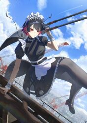  1girl absurdres apron black_dress black_hair black_pantyhose breasts closed_mouth clouds cloudy_sky commentary_request cyc_loop dress ellen_joe fins fish_tail frilled_apron frilled_dress frilled_hairband frilled_wrist_cuffs frills hairband high_heels highres holding holding_scissors holding_weapon ice ice_shard large_breasts looking_at_viewer maid maid_apron maid_headdress pantyhose pink_hair red_eyes red_nails scissors shark_girl shark_tail short_hair sky solo tail weapon wrist_cuffs zenless_zone_zero 