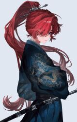  1girl absurdres black_sash blue_background blue_eyes blue_kimono cang_lu chinese_commentary commentary_request dragon_print eastern_dragon_print eyes_in_shadow from_side hair_over_one_eye high_ponytail highres japanese_clothes katana kimono long_hair looking_to_the_side ponytail print_kimono red_hair reverse:1999 sash simple_background solo sword upper_body very_long_hair weapon yenisei_(reverse:1999) 