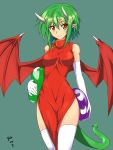  1girl aqua_background blush breasts china_dress chinese_clothes draco_centauros dragon_girl dragon_tail dragon_wings dress elbow_gloves gloves green_hair hair_between_eyes highres holding horns looking_at_viewer nishiumi_yuuta pointy_ears puyopuyo red_dress red_wings shiny shiny_hair short_hair sleeveless sleeveless_dress slime slit_pupils smile standing tail thigh-highs white_gloves white_legwear wings yellow_eyes 
