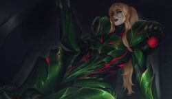  1girl arm_cannon arm_support armor blonde_hair blue_eyes green_armor highres lying metroid metroid_dread metroid_suit mole mole_under_mouth on_side paid_reward_available ponytail power_armor power_suit_(metroid) red_lips samus_aran skinky solo weapon wide_hips 