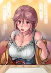  1girl bare_shoulders blush breasts brown_eyes brown_hair cleavage dirndl female german_clothes large_breasts looking_at_viewer open_mouth original red_eyes rozen_maiden short_hair sitting solo souseiseki sweat translation_request tsuda_nanafushi underbust upper_body 