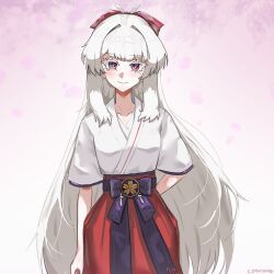  1girl aged_down arm_at_side arm_behind_back artist_name blush bow bright_pupils closed_mouth collarbone colored_eyelashes commentary english_commentary falling_petals giantbaby2_(giantbaby_art) gradient_background hair_bow hakama highres hiyuki_(wuthering_waves) japanese_clothes kimono long_eyelashes long_hair looking_at_viewer miko mole mole_under_eye official_alternate_costume official_alternate_hairstyle petals pink_background pink_petals purple_ribbon purple_sash red_bow red_eyes red_hakama ribbon sakuramon sash short_sleeves sidelocks simple_background smile solo star-shaped_pupils star_(symbol) straight_hair symbol-shaped_pupils upper_body very_long_hair waist_sash white_eyelashes white_hair white_kimono white_pupils wuthering_waves 