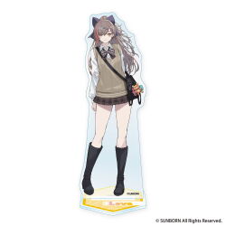  1girl acrylic_stand_(medium) ahoge animal_charm arm_at_side arm_behind_back bag bag_charm black_bag black_boots black_bow black_bowtie blush boots bow bowtie brown_hair brown_skirt brown_sweater_vest cable_knit character_name charm_(object) closed_mouth collared_shirt company_name contrapposto copyright_notice crossbody_bag dot_nose dress_shirt fingernails full_body girls'_frontline_2:_exilium girls_frontline hair_bow hair_ornament hairclip hand_on_own_arm heart heart_print high_ponytail knee_boots leva_(girls'_frontline_2) long_hair long_sleeves looking_at_viewer merchandise_available microskirt multicolored_hair nail_polish official_alternate_costume official_alternate_hairstyle official_art parallel_hairclips pigeon-toed pink_nails pink_streaks plaid_clothes plaid_skirt pleated_skirt ponytail print_bow print_bowtie re_(re_09) satchel scar scar_across_eye scar_on_face school_bag school_uniform second-party_source shirt simple_background skirt smile solo standing straight-on streaked_hair striped_bow striped_bowtie striped_clothes stuffed_animal stuffed_toy sweater_vest swept_bangs teddy_bear thighs two-tone_hair ump45_(girls'_frontline) v-neck white_background white_shirt wing_collar winter_uniform yellow_eyes 