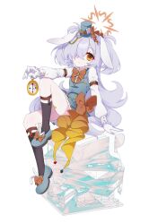  1girl alternate_costume animal_ears arm_belt bandaid bandaid_on_leg bandaid_on_thigh belt_buckle black_socks blue_archive blue_hat blue_shoes blue_skirt blue_vest book bow bowtie breast_pocket breasts buckle buttoned_cuffs buttons cake cake_slice calf_strap card closed_mouth collar collared_shirt commentary_request cosplay curly_hair double-breasted envelope expressionless fake_animal_ears food footwear_bow frilled_bow frilled_collar frilled_skirt frilled_wrist_cuffs frills gloves hair_over_one_eye halo hat hat_bow hat_ribbon head_tilt heart highres holding holding_pocket_watch kanoe_(blue_archive) knee_up lapels long_hair long_sleeves looking_at_viewer mary_janes mini_hat mini_top_hat monocle monocle_removed orange_bow orange_bowtie orange_eyes orange_halo oversized_object playing_card pleated_skirt pocket pocket_watch puffy_sleeves purple_hair rabbit_ears raised_eyebrow ribbon shirt shoes sidelocks simple_background sitting skirt sleeve_cuffs small_breasts socks solo sui_is_dead suitcase thighs top_hat twintails very_long_hair vest watch white_background white_gloves white_rabbit_(alice_in_wonderland) white_rabbit_(alice_in_wonderland)_(cosplay) wrist_cuffs 