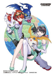  1boy 1girl bare_shoulders black_hair blue_eyes breasts brown_hair card_(medium) commentary_request digimon digimon_(creature) digimon_card_game digimon_story:_time_stranger dress full_body goggles goggles_on_head gomamon green_dress green_jacket jacket multicolored_jacket official_art pants patamon picodevimon red_scarf scarf seal_(animal) short_hair single_thighhigh smile thigh-highs tonami_kanji two-tone_dress two-tone_jacket white_dress white_jacket white_pants white_thighhighs yellow_eyes yuuki_dan yuuki_kanan 