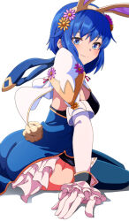  1girl animal_ears ass blue_hair catria_(fire_emblem) catria_(spring_whitewing)_(fire_emblem) closed_mouth donguri_(reji22) fake_animal_ears fire_emblem fire_emblem_heroes highres kneeling looking_at_viewer official_alternate_costume rabbit_ears smile solo white_background 
